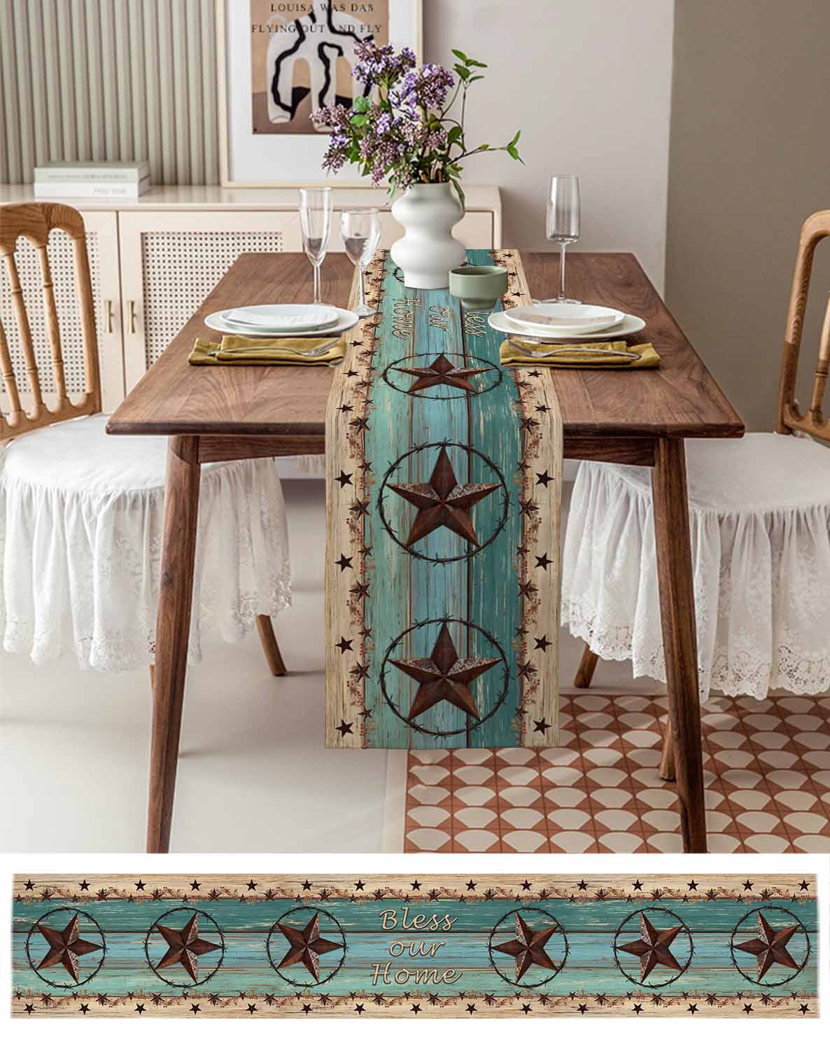 Texas Star Country Table Runner 108 Inches, Western Old Wooden Board Vintage Bed Runner Dresser Scarves Tabletop for Indoor Outdoor Parties/Ceremony/Banquet, 13"x 108"
