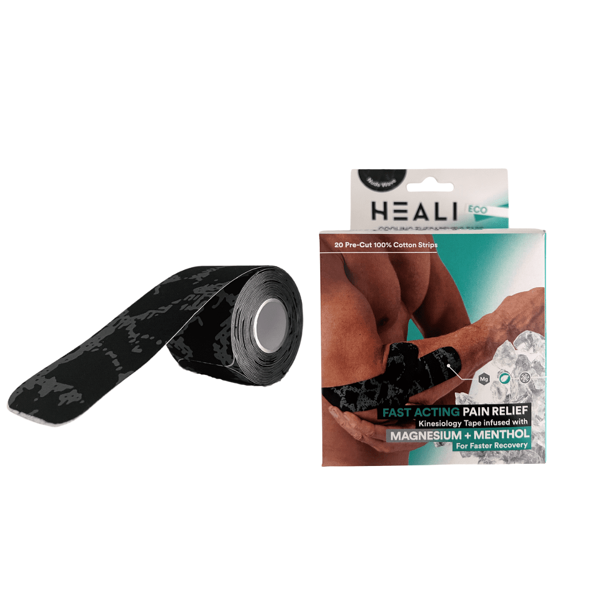 (3 pack) Heali ECO Kinesiology Tape, Menthol and Magnesium, 20 Precut Strips, Cotton, Black Camo