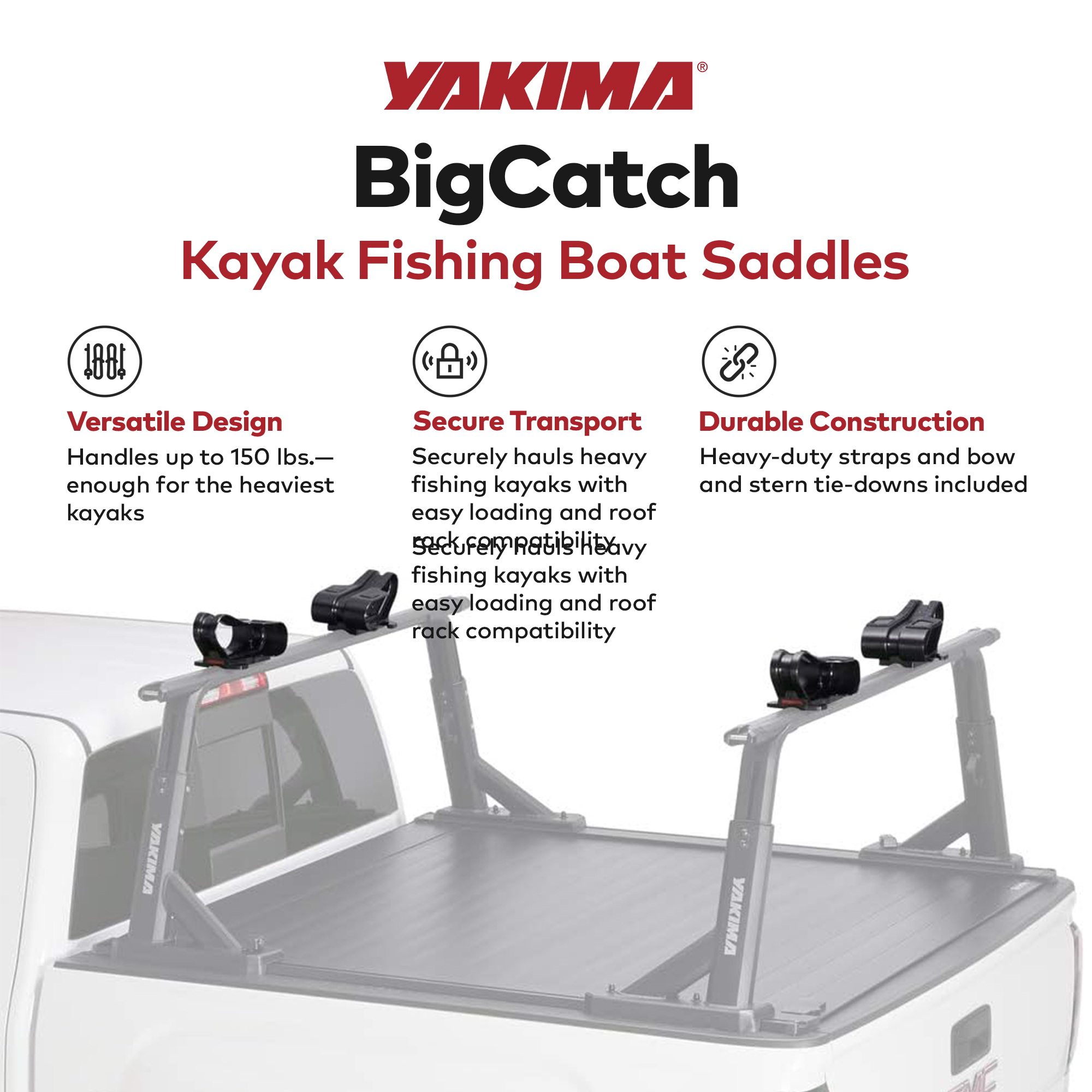 Yakima BigCatch Kayak Fishing Boat Saddles for Roof Racks and Trailers, Black