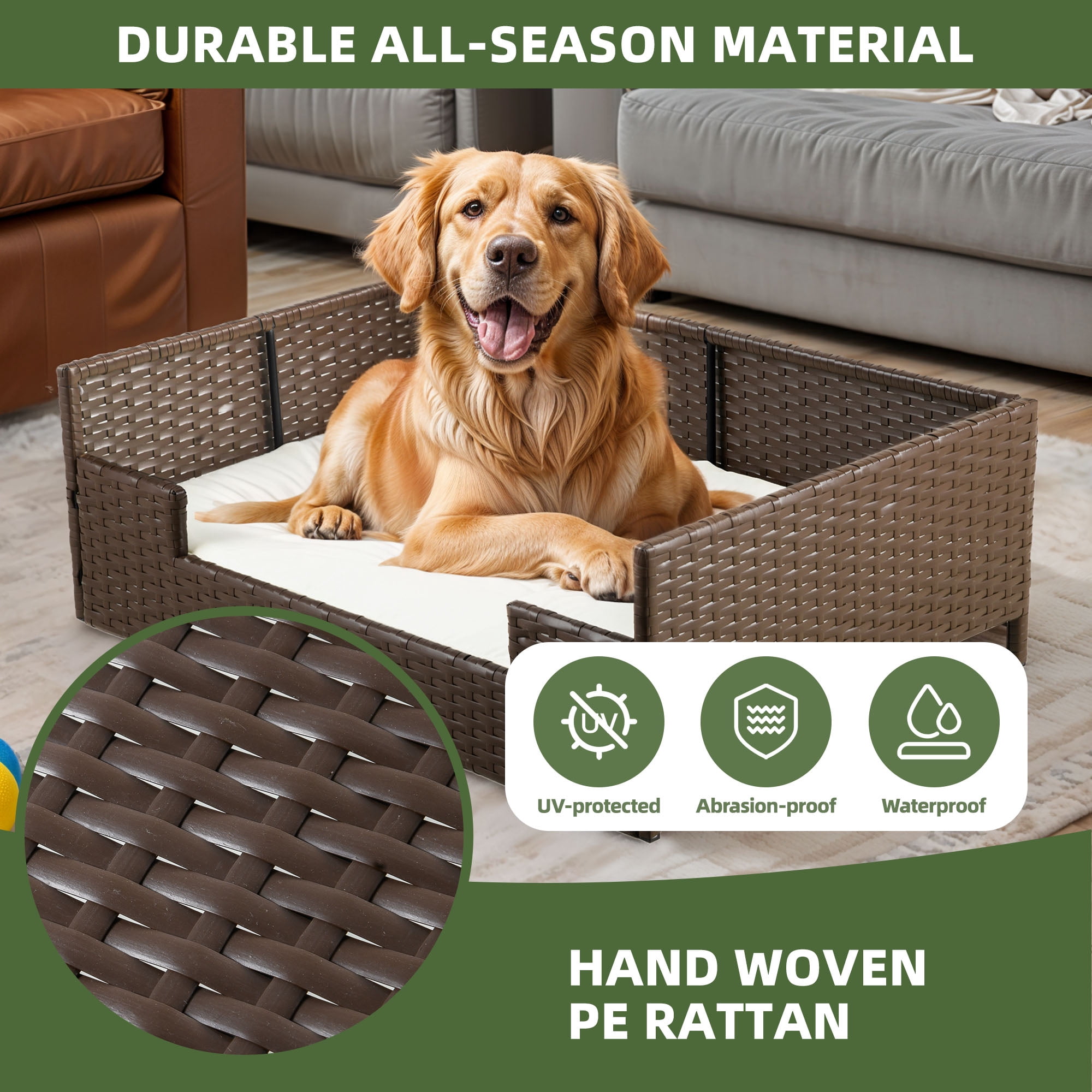 Uforic Rattan Dog Sofa Bed with Beige Cushion,Wicker Pet Bed Sofa Indoor Outdoor,All-weather Protection, Brown&Beige,34.6"L x 23.6"W x 11.8"H