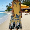 thumbnail image 6 of Linen Beach Dress for Women with Pockets Floral Print Sleeveless Crew Neck Loose Summer Casual Dress Calf Length (XL, Yellow), 6 of 7