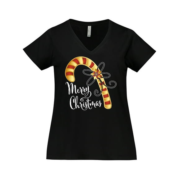 Inktastic Merry Christmas Red and Gold Candy Cane Women's Plus Size V-Neck T-Shirt