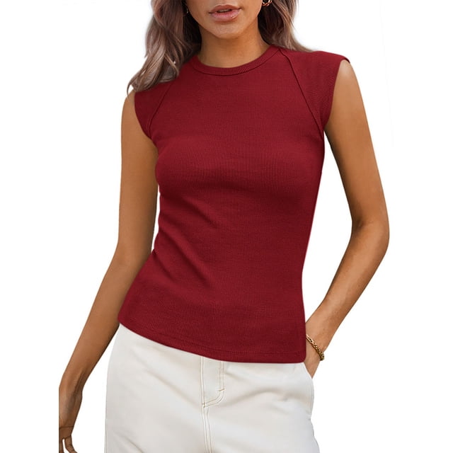 Camiseta sin mangas acanalada con mangas tipo cap de mujer PRETTYGARDEN color vino XL