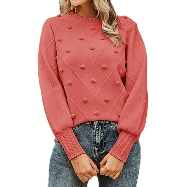 Chandail Col Rond Automne pour Femmes Mignon Manches Longues Bouffantes Tricot Épais avec Pompon