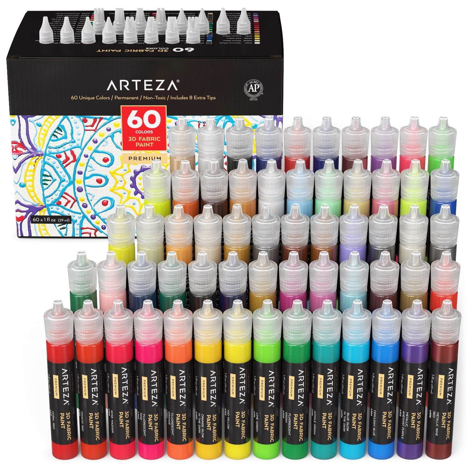 ARTEZA 3D Fabric Paint, Multiple Colors, 30ml Bottles Set of 60