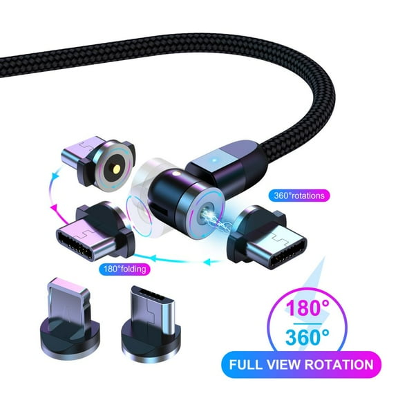 Magnetic Charging Cable, 360°&180° Rotation Magnetic Phone Charger Cable, 3 in 1 Nylon Braided Magnetic Cable Compatible with Micro USB, Type C and iProduct Devices,6.56ft,Sliver