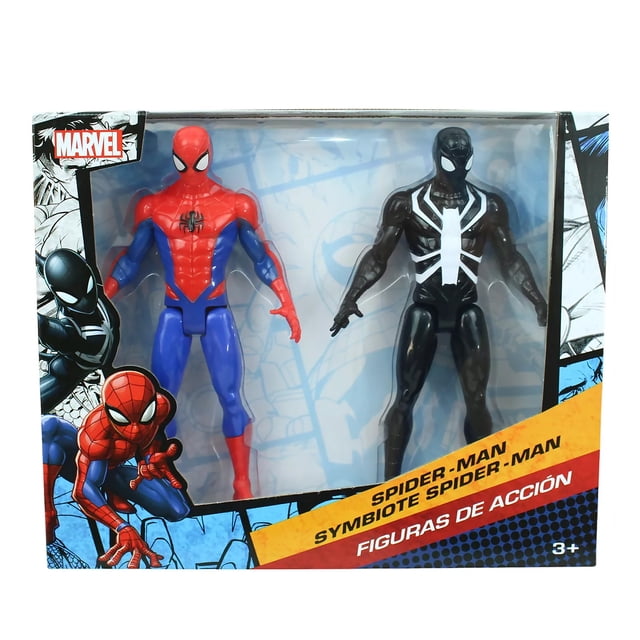 set 2 figuras de acción spiderman y black symbiote juguete Figuras articuladas en caja frontal: Spiderman rojo y azul y Black Symbiote negro con emblema blanco; articulación en cuello, hombros, parte superior de piernas y tobillos, manos en plástico más suave, altura de figura 23 cm; también aptas para dioramas de juego o exhibición de colección.