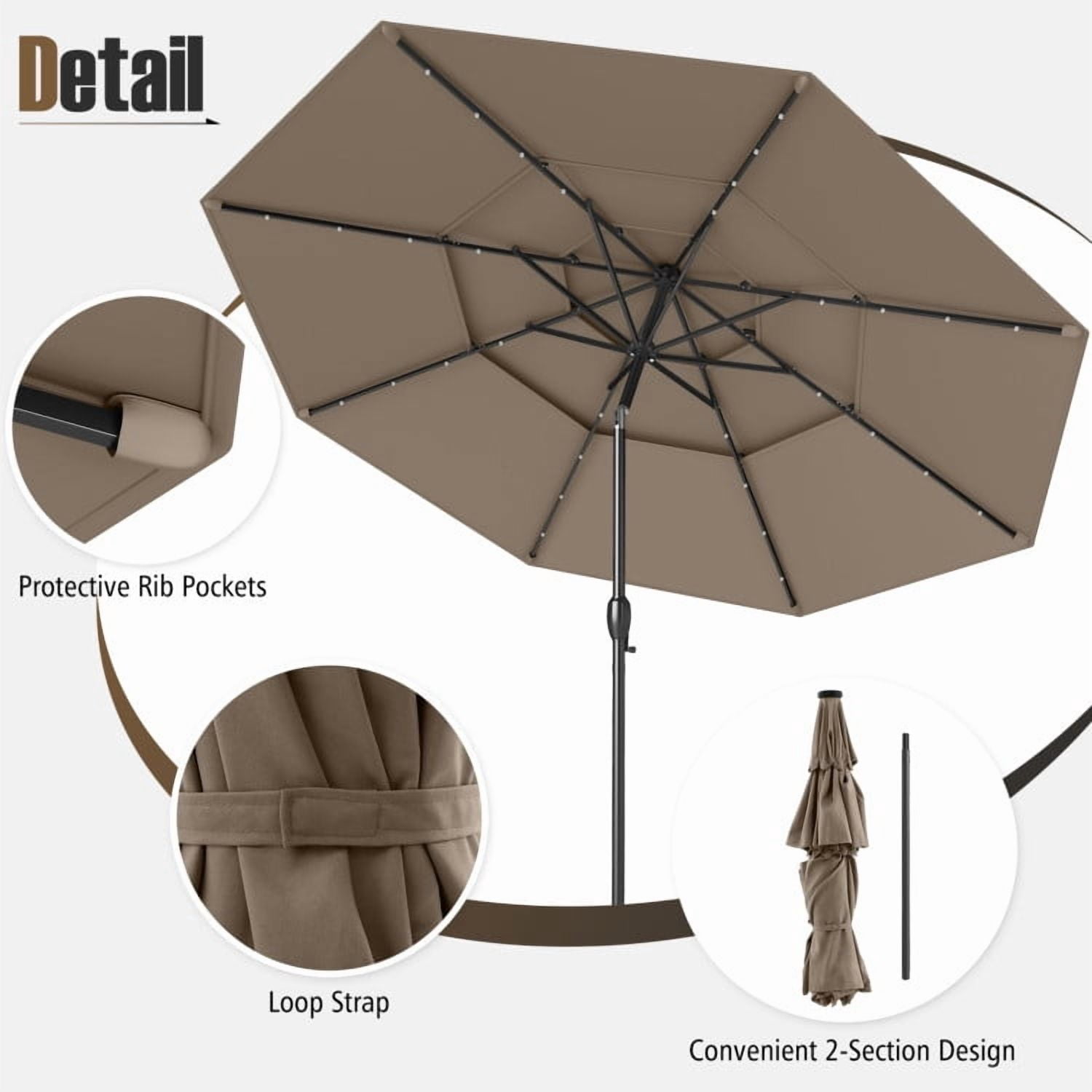 YYAo Outdoor Garden Umbrella,Market Umbrella,10 Feet Solar Patio Umbrella with 32 LED Lights 3-Tier Vented Top-Taupe
