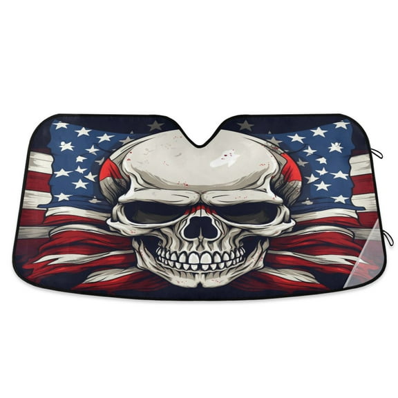 Skull and American Flag Car Windshield Sun Shade Foldable Car Front Window Visor Heat and UV Protection 53x23.5