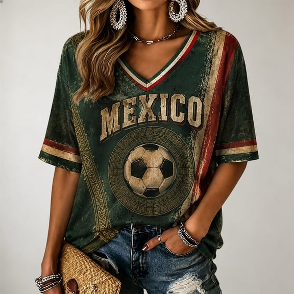 Mexico 2026 Soccer Cup Fan Jersey for Women, V-Neck Short Sleeve T-Shirt with Flag Color & Soccer Graphic Print, Breathable Casual Sports Tee Pullover Top, 1 PC Army Green L