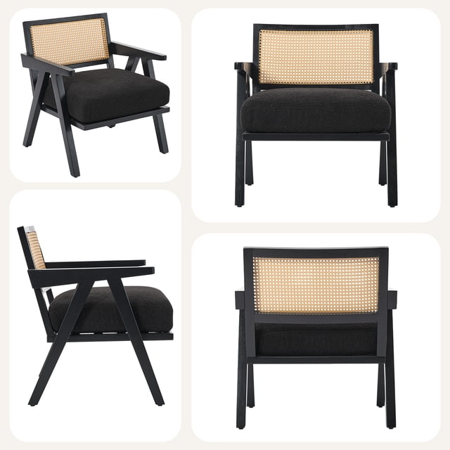 Sillón de Acento – Mid-Century Moderno – Brazos de Madera y Respaldo de Ratán – Cojín Suave de Lino – Patas Resistentes – 136 kg – Fácil Montaje – Sala