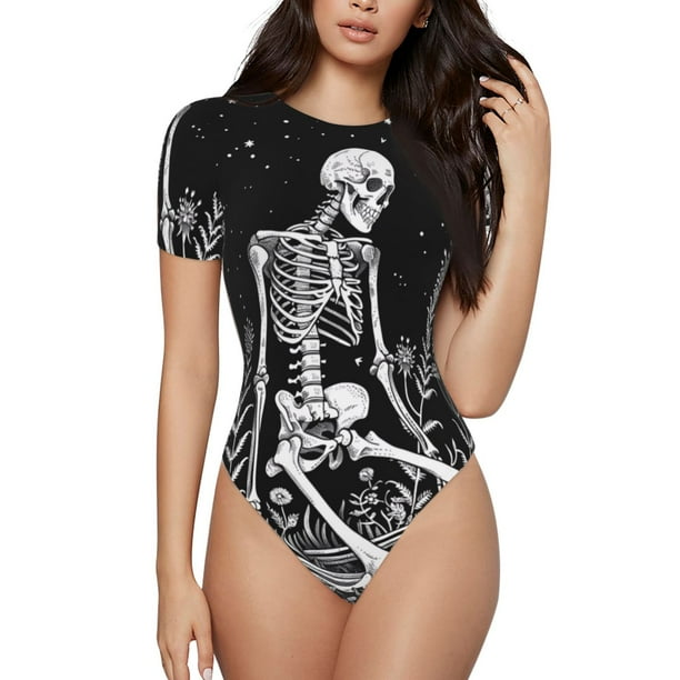 Balery Vintage Black white Plant skull Body de cuello redondo de manga corta para mujer Tops de manga corta Tops básicos-Medium