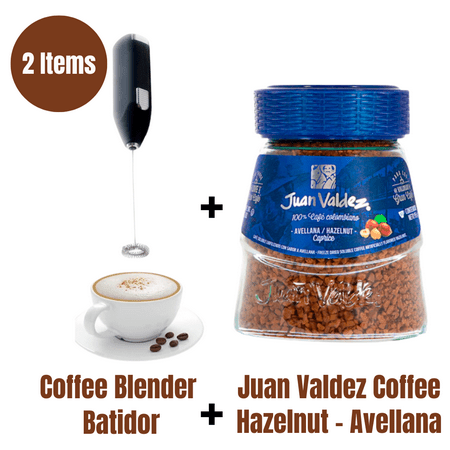 Juan Valdez Instant Hazelnut Coffee and a Coffee Blender Kit Instant Freezed Dried (95gr/3.3 Oz) Cafe Juan Valdez Soluble Liofilizado de avellana