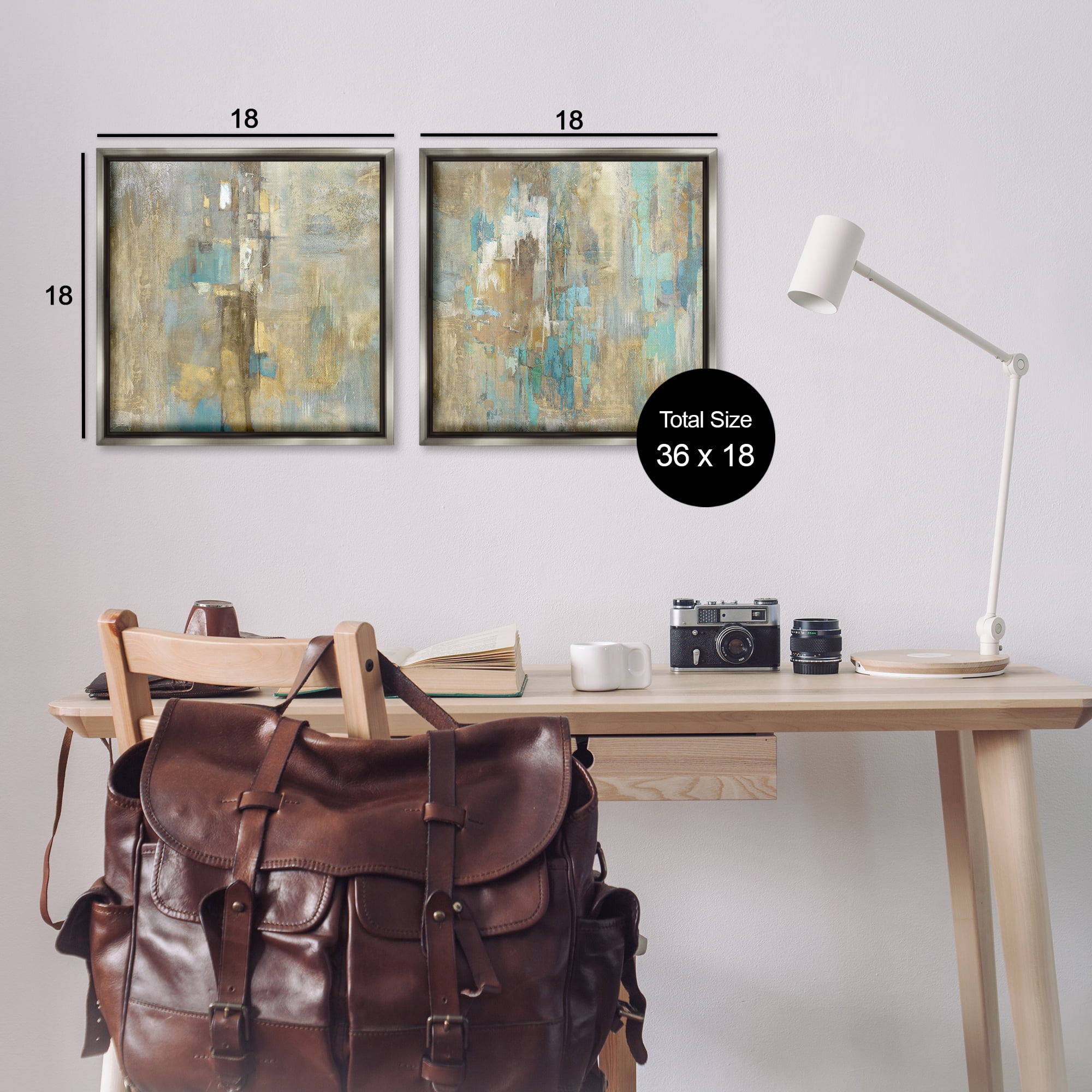 Stupell Industries Blue & Rustic Gold Composition Plants & Flowers Painting Gray Floater Framed Canvas Art Print Wall Art, 18 x 18, Set of 2
