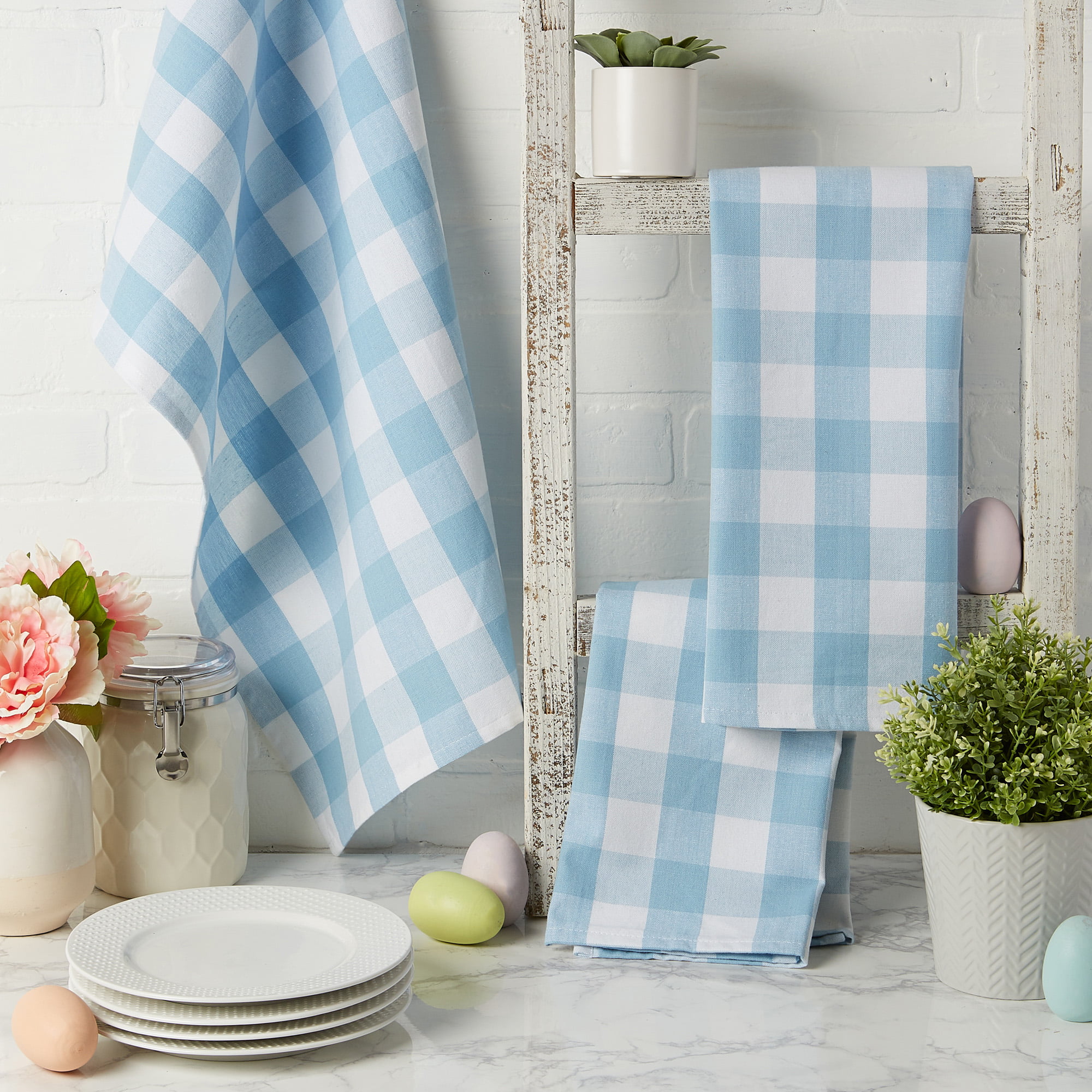Blue and White Plaid Kitchen Towels - Set of 6 Blue Checkered, 100% Cotton,  Lint-Free Kitchen Towels with Hanging Loop - Versatile Uses Including
