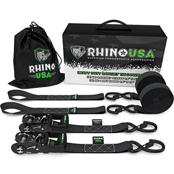RHINO USA Ratchet Straps Motorcycle Tie Down Kit, 5,208 Break Strength - (2) Heavy Duty 1.6" x 8' Rachet Tiedowns with Padded Handles & Coated Chromoly S Hooks + (2) Soft Loop Tie-