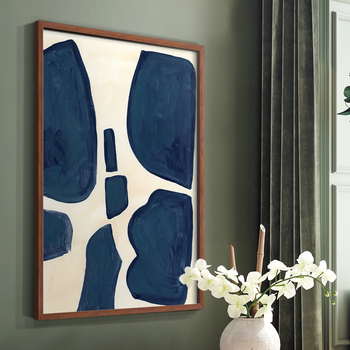 Blue Pieces II Framed Print in Brown Solid Wood Framed Print No Nail Hanging