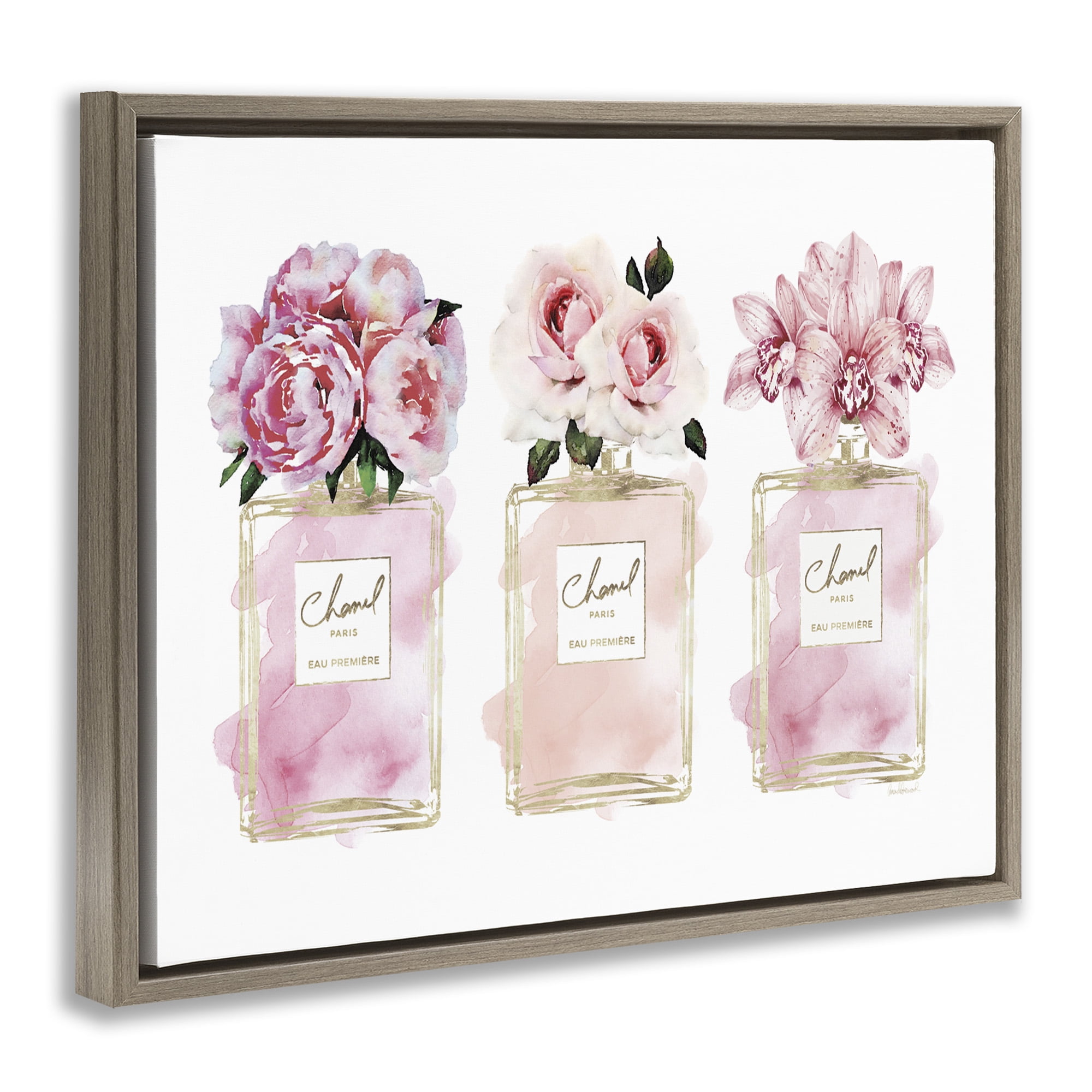 Stupell Industries Pink Flowers & Perfumes Glam Fashion Beauty & Fashion Painting Brown Floater Framed Canvas Art Print Wall Art, 31 x 25