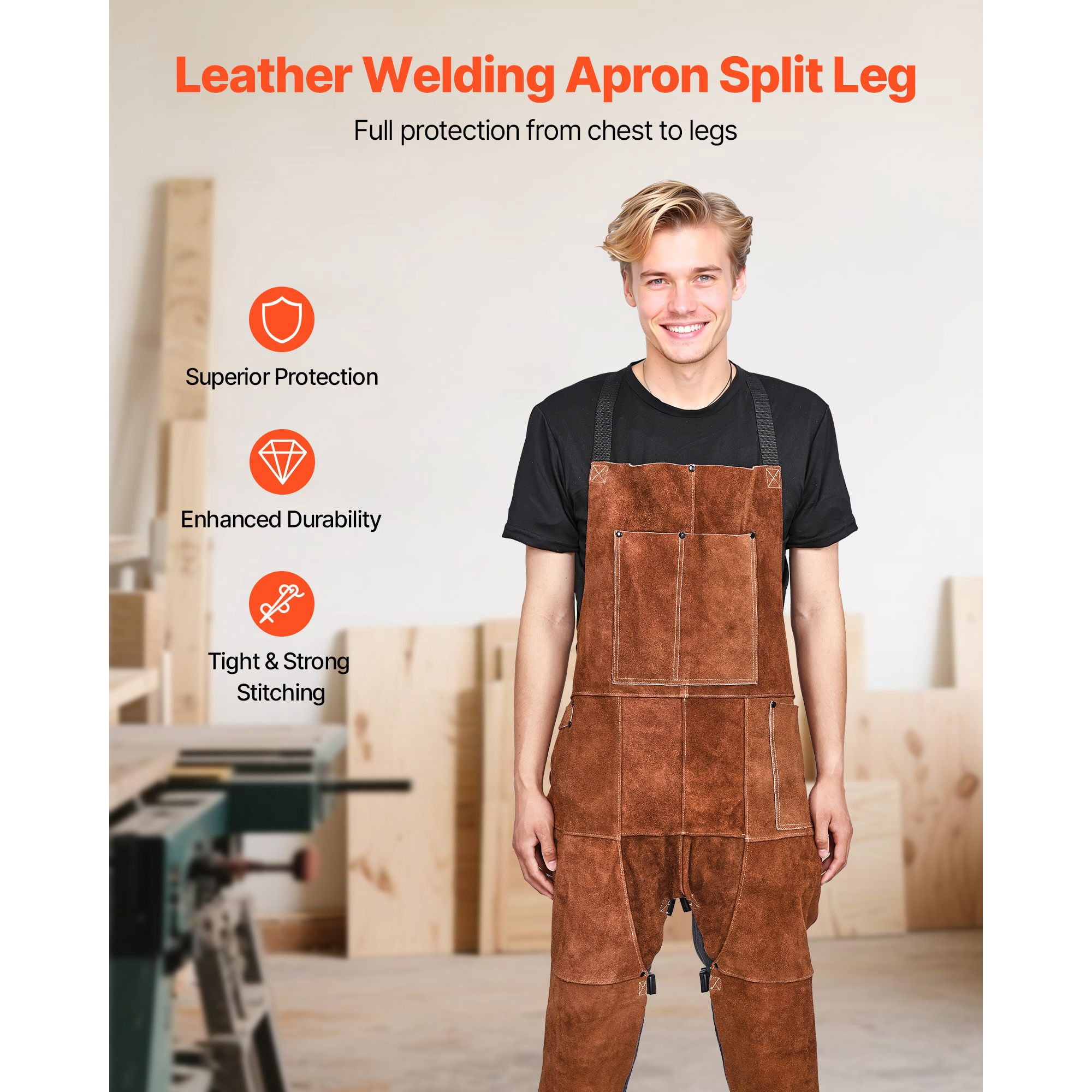 Welding Apron Split Leg, Heavy-Duty Cowhide Leather with Kevlar Thread, 24x52 Inch Full Coverage, 3 Pockets + 2 Leather Hanging Loops, Cross-Back Straps