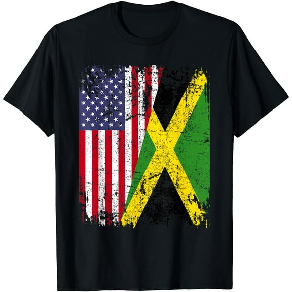 JAMAICAN ROOTS | Half American Flag | USA JAMAICA FLAG T-Shirt mens t shirt，black，women，funny，misfits，men，journey