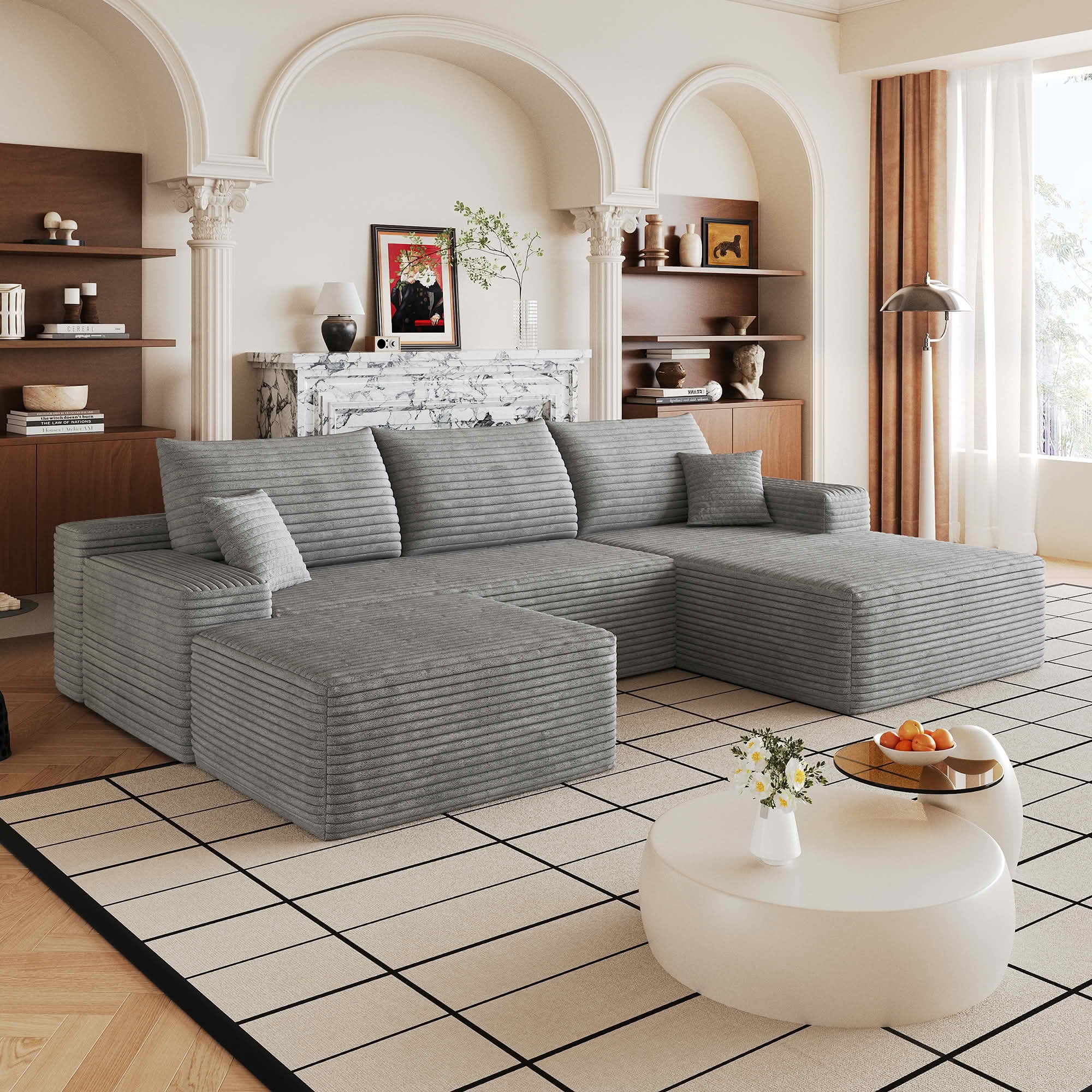 MAYEERTY 107" Cloud U-Shaped Sectional Sofa with 1 Ottoman, Plush Corduroy Deep Seat Modular Couch, No Assembly for Living Room