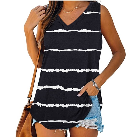 Njoeus Tank Tops For Women's Striped V-Neck Sleveless Camisole Tank Casual Loose Striped T-Shirt Fish Tank Tops