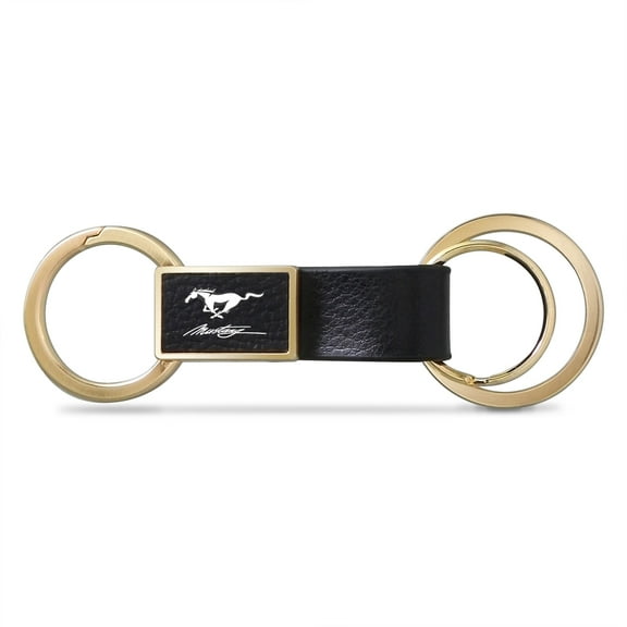 Ford Mustang Script Black Leather insert Golden Metal Leather Strap Key Chain