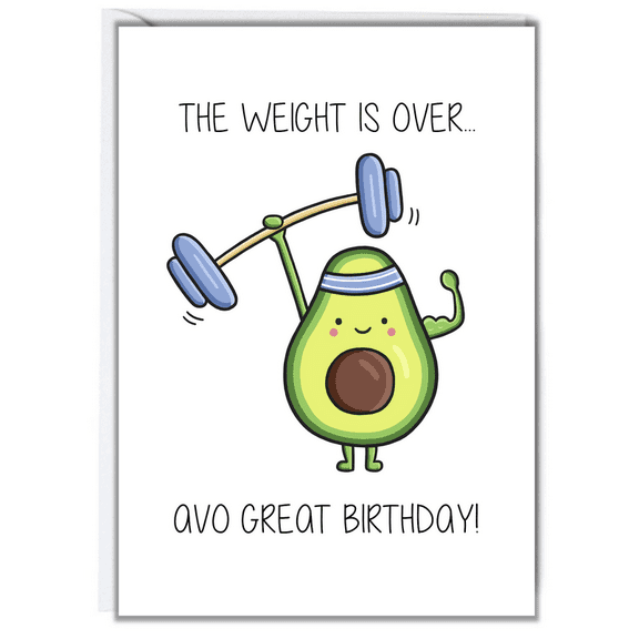 Funny Avocado Birthday Card – "Avo Great Birthday!" with Weightlifting Design – Envelope Included, Blank Inside – Perfect for Friends, Family, or Fitness Enthusiasts