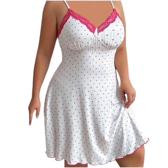 Yuaqua Women's Plus Size Nightgowns Spaghetti Strap V Neck Lace Trim Ribbed Knit Sleeveless Sleep Dress Heart Printed Cami Sleepshirts