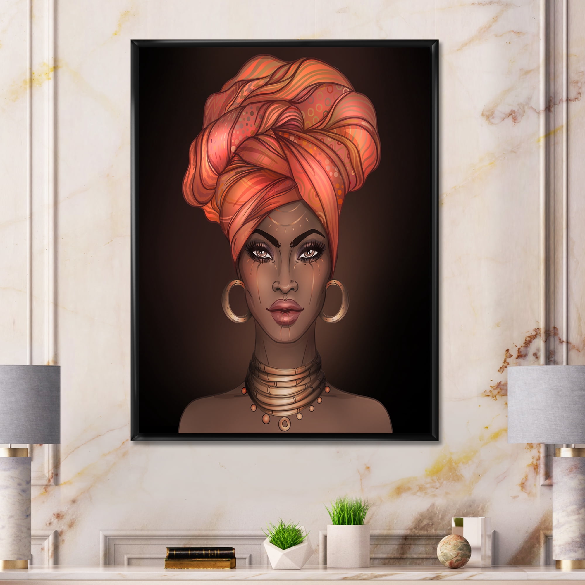 Designart 'African American Woman Portrait with Turban V' Modern Framed Canvas Wall Art Print