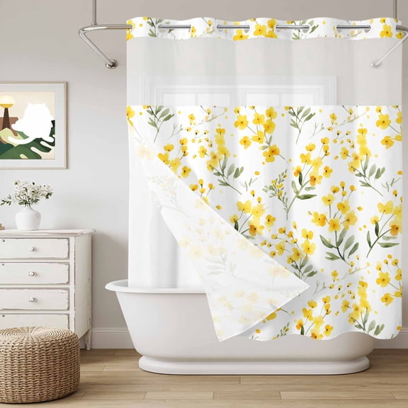 No Hook Shower Curtain with Snap in Liner, Spring Floral Yellow Wildflowers Curtain Set See-Through Top Double Layers Farm Plant on White Shower Curtains for Bathroom Decor, 72x72in