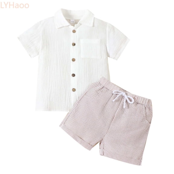 LYHaoo Boys' Linen Blend Short Sleeve Shirt Set Casual Summer Two Piece Outfit With Collar & Solid Colors Boys Short Sets for School Casual Sizes (2-3 Years)