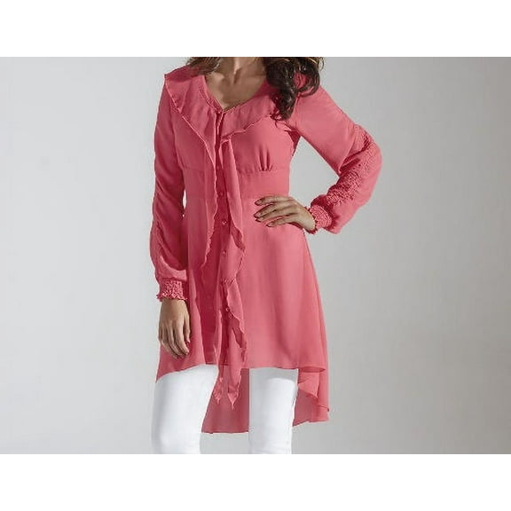 Masseys Women's High Low Ruffled Shirt in Coral - Medium