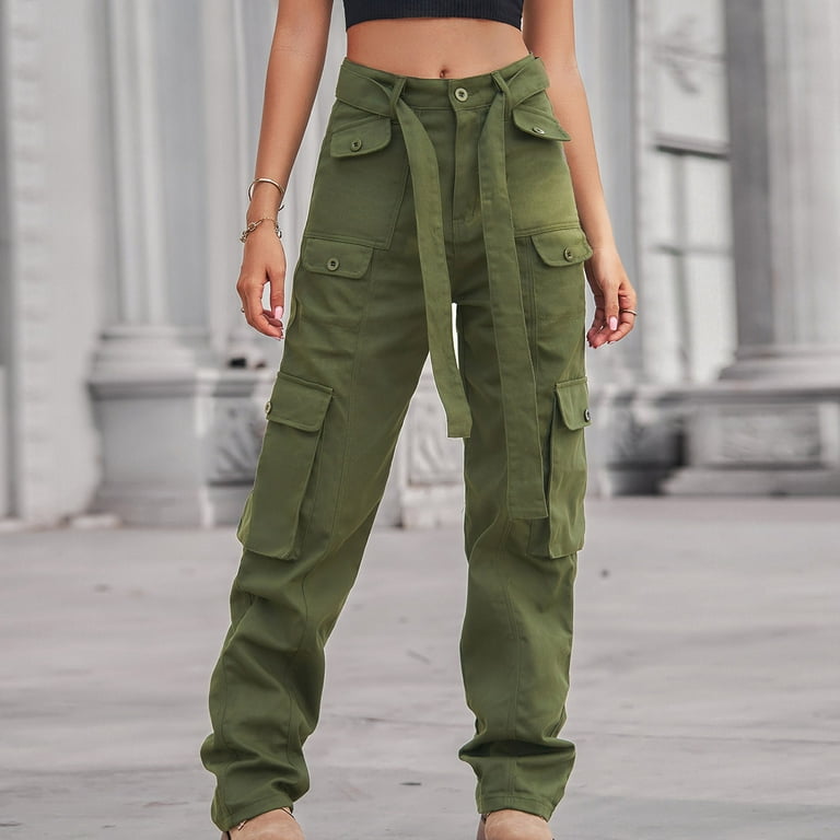 Ecqkame Cargo Jeans for Women Clearance Women Solid Pants Hippie Punk  Trousers Streetwear Jogger Pocket Loose Overalls Long Pants Army Green L