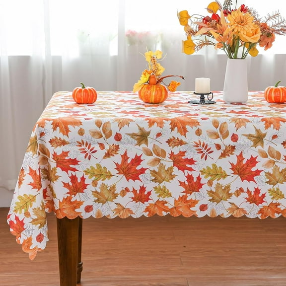 Fall Tablecloth, Fall Decorations for Home Waterproof Leaves Decor Fall Decor Watercolor Thanksgiving Holiday Decor Scallop Edge Table Cover Party Dining Table Decorations 60 x 84 Inch