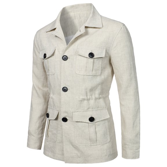 YSUEJPF Linen Jackets for Men Breathable Button Down Long Sleeve Coats Casual Collared Basic Solid Trucker Jackets with Multi Pockets