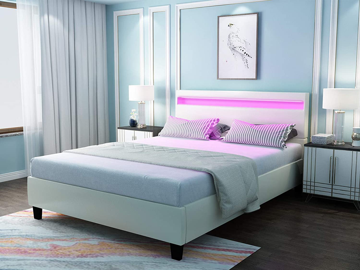 Modern Upholstered Faux Leather Platform Bed mecor Full Size LED Bed Frame Black//Full No Box Spring Needed 8 Color Changing LED Lights in Headboard
