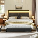 Walmart Black Friday Deals 2025 - KOUSEI Queen Size Bed Frame, Velvet Upholstered with Headboard, Storage Drawers, LED Lights, Dark Grey - Walmart.com