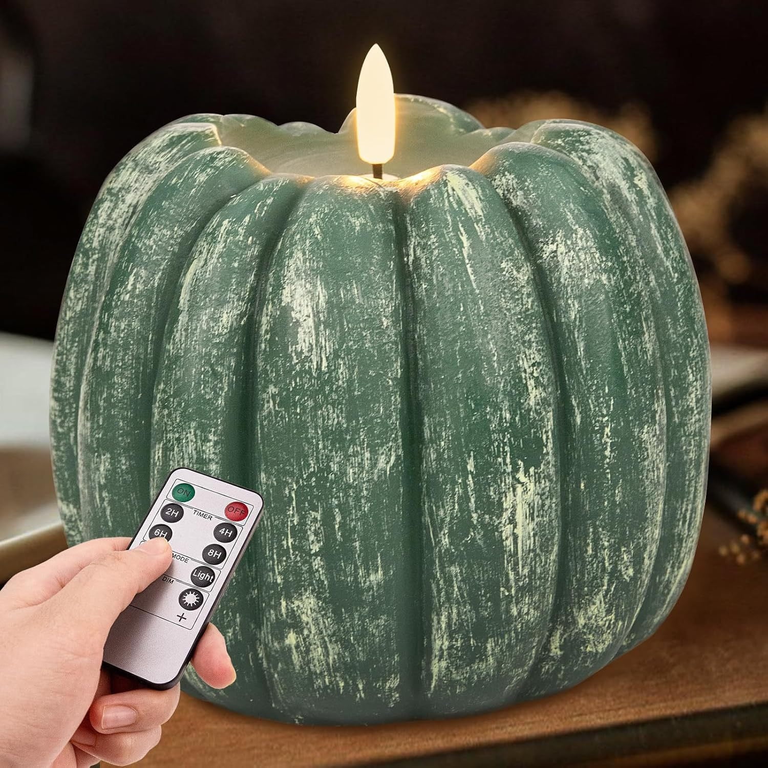 Flameless Wax Pumpkin Candle with Remote, Timer, Dimmer, LED Battery Operated Flickering Candle for Thanksgiving Halloween, Fall Harvest Decor