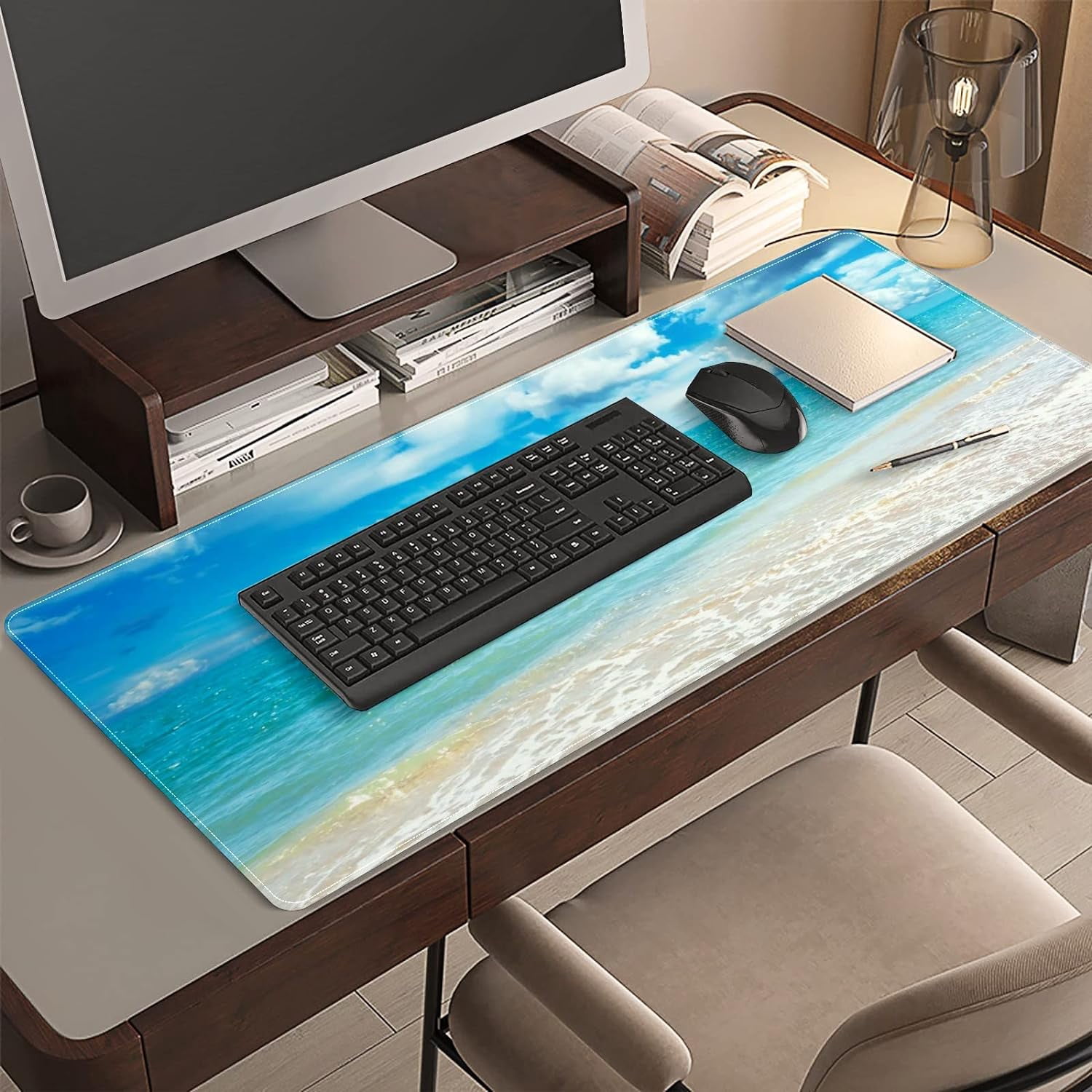 Beach Clouds Sky Desk Mat, Desk Accessory, Cute Workspace, Trendy Workspace, Trendy, 35.4x15.7in Large Gaming Mouse Pad, Cute Desk Topper, Pretty Desk Pad