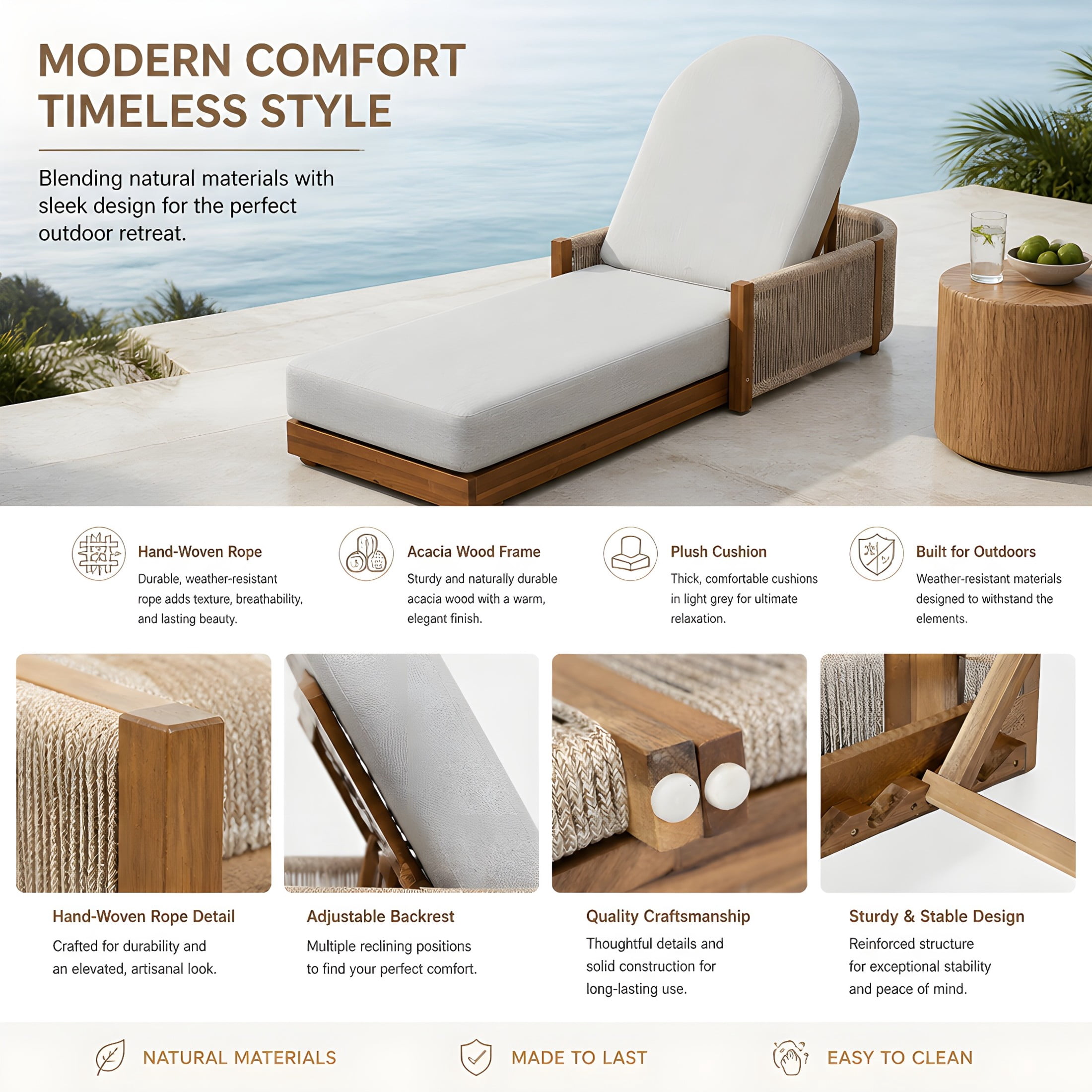 Christopher Knight Home Outdoor Chaise Lounge with Cushion, Adjustable Backrest, Teak+Light Gray