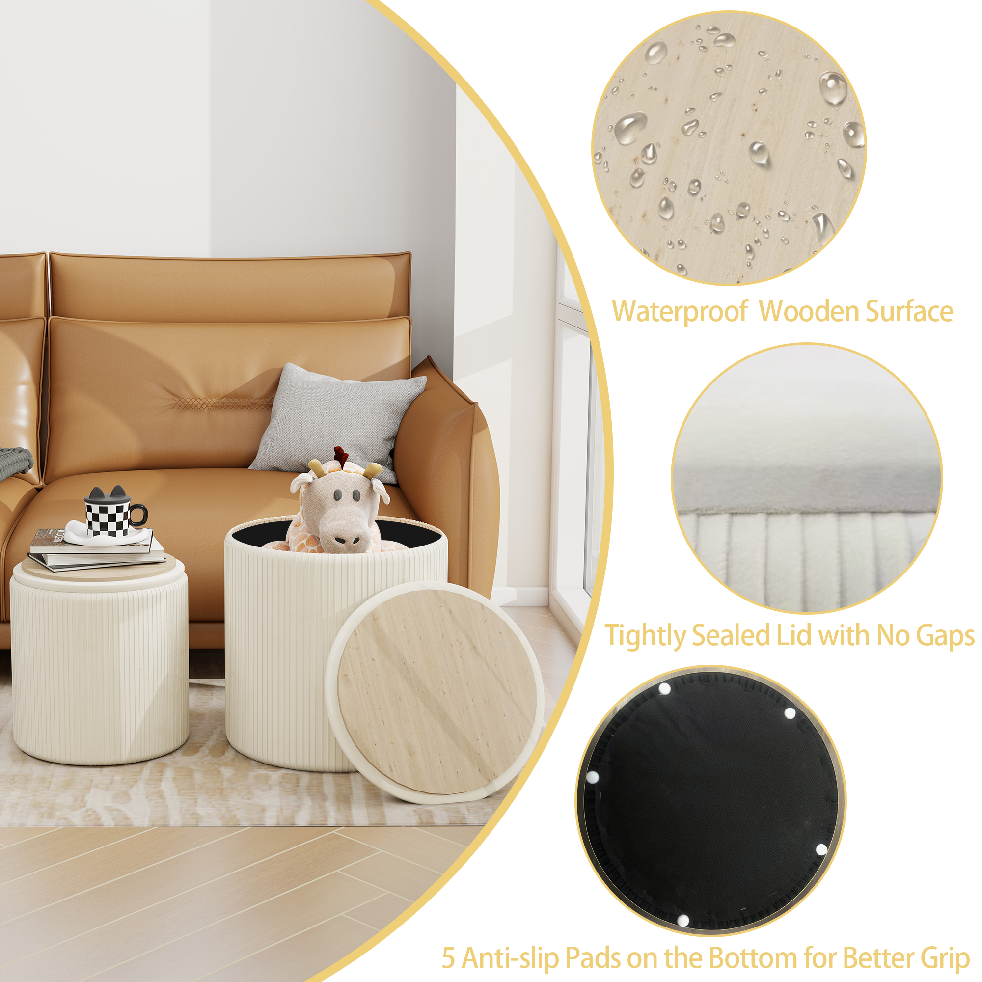 Caroeas Round Ottoman with Storage Set of 2, Upholstered Velvet Storage Ottoman, Vanity Stool for Makeup, Ottoman Foot Rest for Living Room, Bedroom, Beige