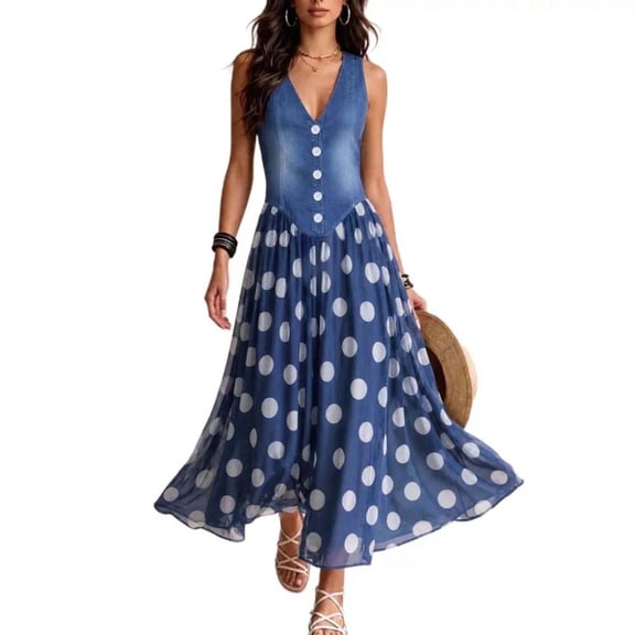 Lopecy-Sta Womens Dresses Sleeveless V Neck Button Front Polka Dot A Line Midi Dress Flowy Chiffon Hem Summer Holiday Outdoor Casual Dress