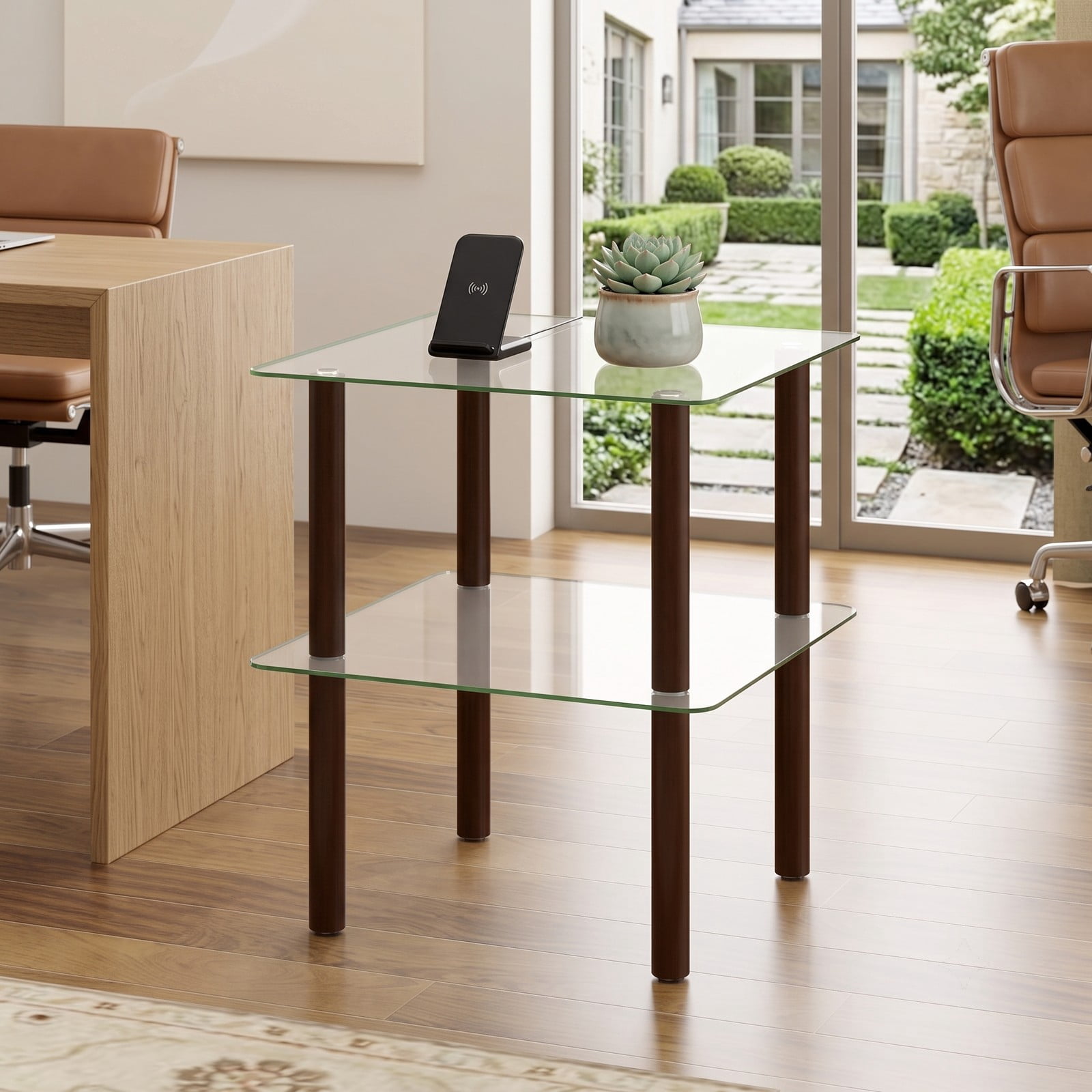 Furnibear 2-Tier Square End Table with Clear Tempered Glass Top and Shelf, Solid Rubber Wood Side Table for Living Room Bedroom, Round-Edge Sofa, Clear & Brown