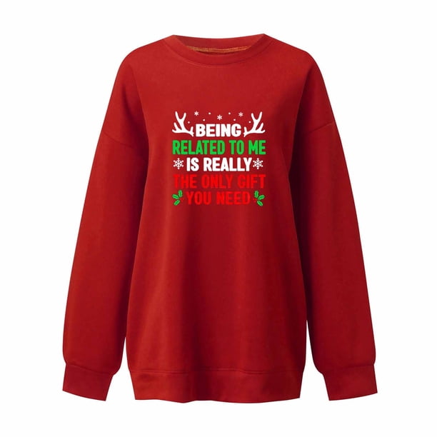 Gibobby Suéter desgastado Sudadera sin capucha de manga larga con cuello Rojoondo y estampado de navideñas informales para mujer para la temporada de otoño e invierno (Rojo, S)