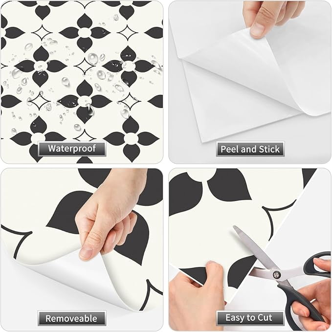 MORCART Peel and Stick Floor Tile Star Waterproof Vinyl Flooring DIY Flooring for Bathroom, Kitchen, Fireplace, Pet House, Stairs, Bedrooms, Wall, Store(20PCS,7.87" x 7.87",Black+white)
