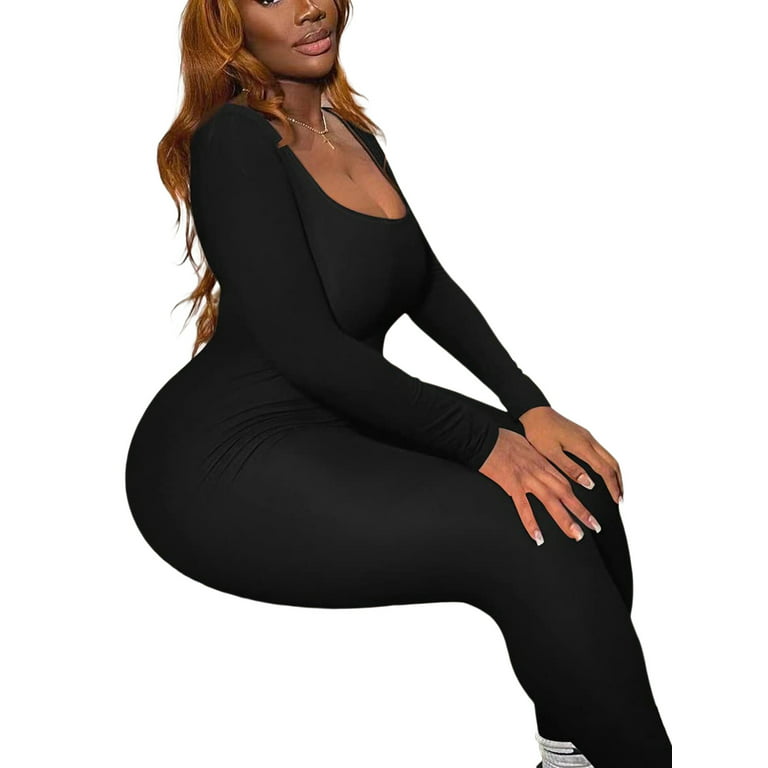 wybzd Women's Yoga Jumpsuits Long Sleeve Scoop Neck One Piece Bodycon Romper  Workout Unitard Playsuit Black L 