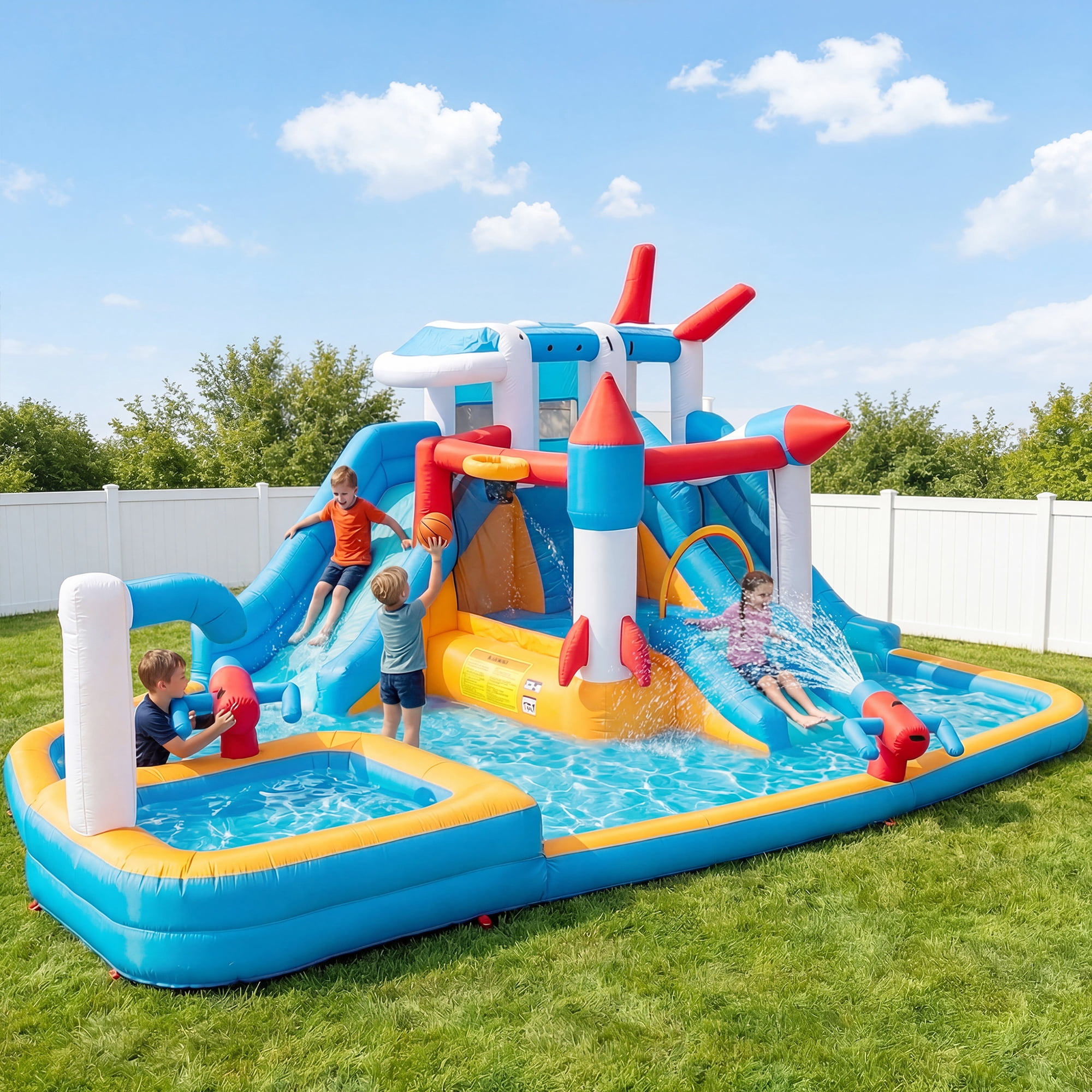 Eclife Inflatable Bounce House Water Slide with Blower, Backyard Water Park Combo with Slides, Splash Pool, Climbing Wall, Obstacle Course, Jumping Area for Indoor Outdoor