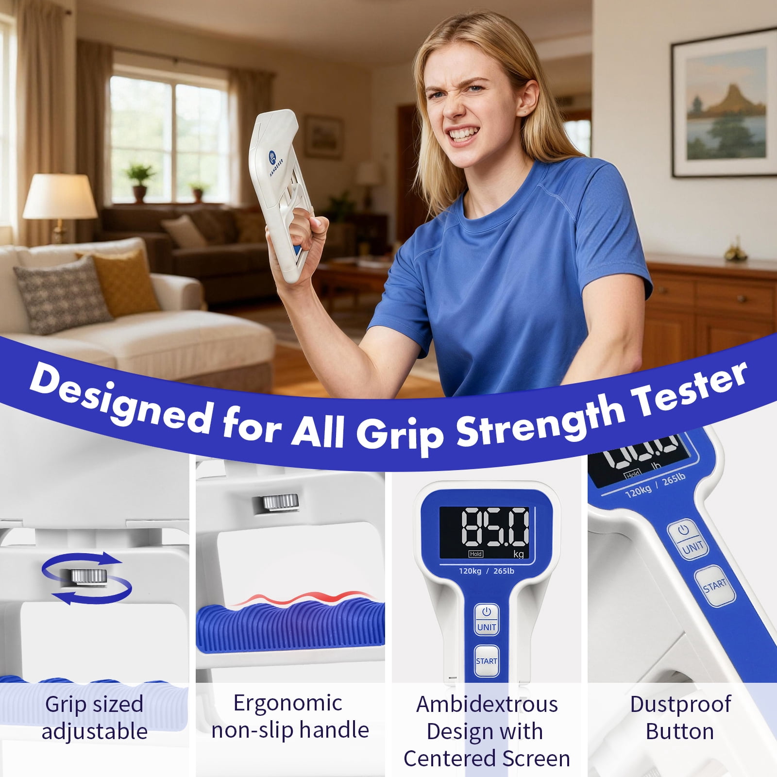 ‎Handexer Grip Strength Tester 265lb/120kg, Digital Hand Dynamometer FDA Registered with Backlit LCD for Grip Strength Testing and Training