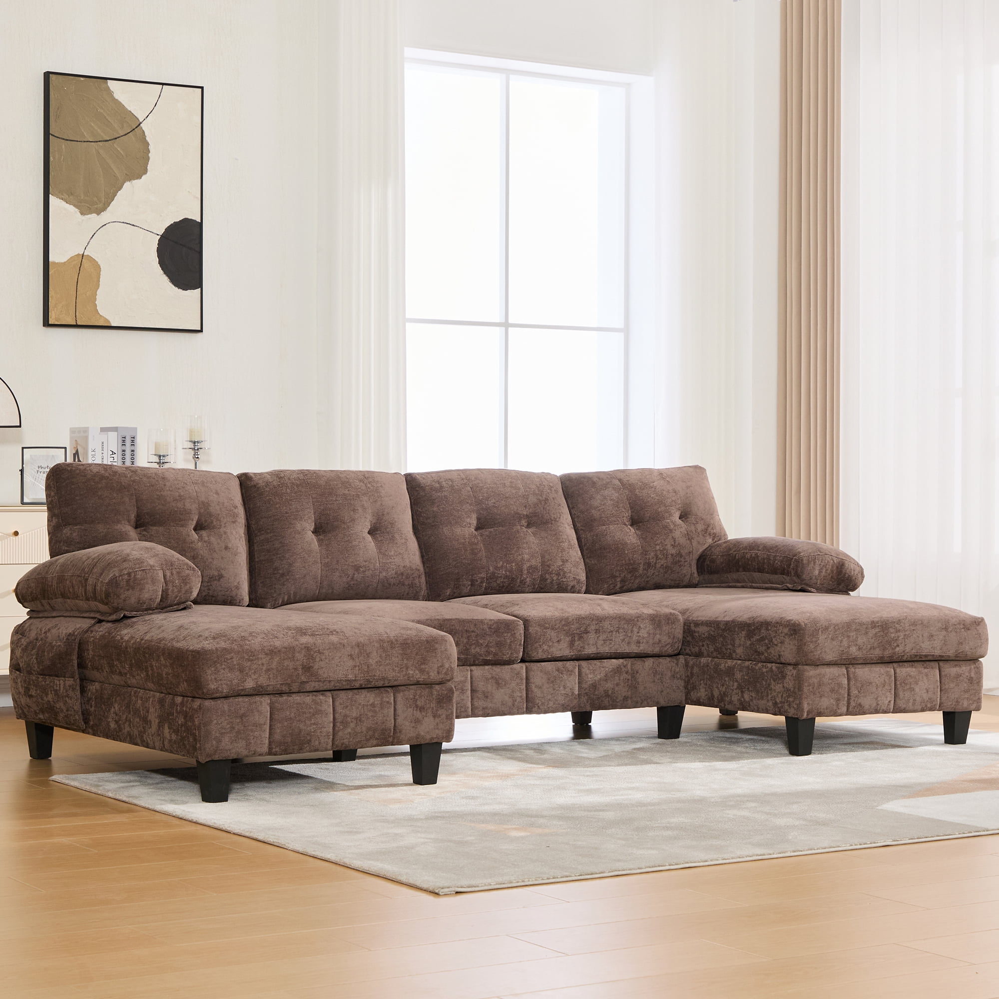 Leumius U Shaped Sectional Sofa, 103.5" Chenille Fabric Couch with Double Chaise Lounges, U Shaped Couch for Living Room, Brown